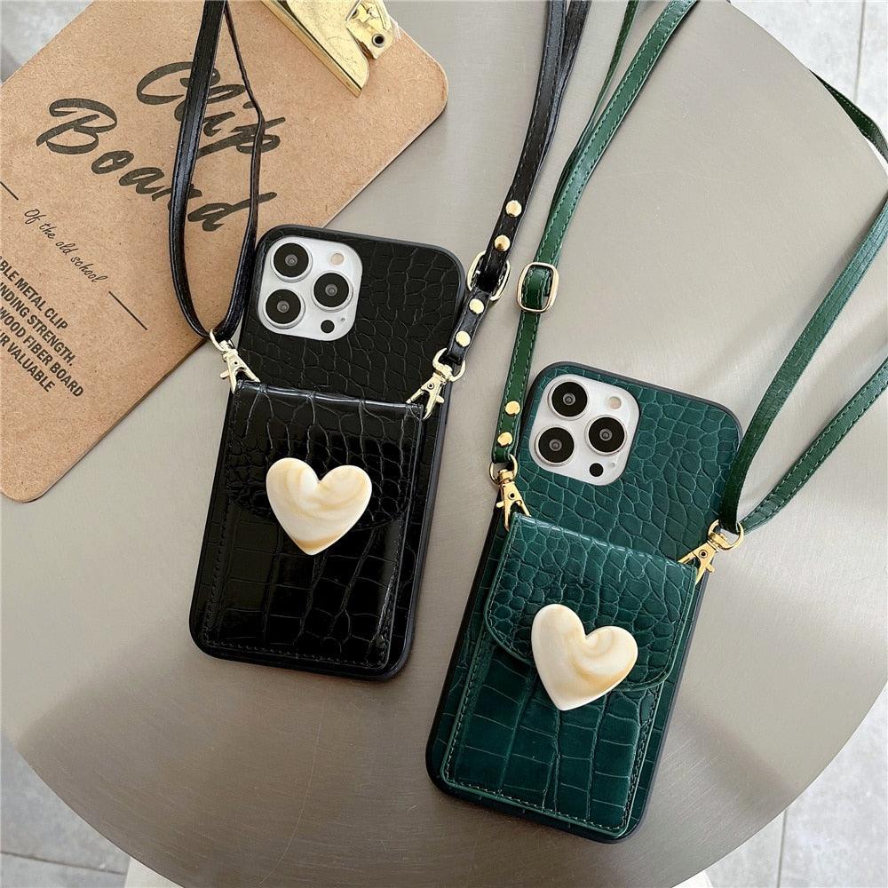 Jolie Coque de Téléphone Noire de Luxe pour iPhone 12 13 Mini 7 8 Plus 11 Pro Max X XS XR avec Dragonne, Porte-Cartes et Bandoulière Réglable