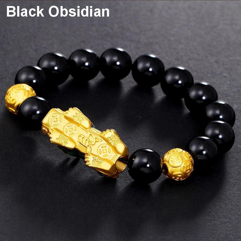Bracelet de perles en obsidienne pour hommes et femmes, unisexe, Pixiu doré et noir, richesse et bonne chance