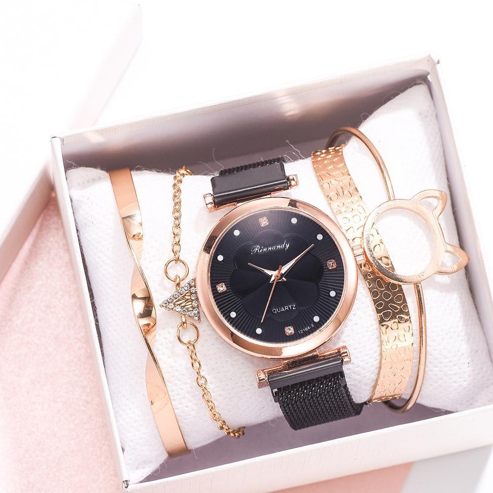 Ensemble Mode Montres Femme Luxe Boucle Magnétique Fleur Strass Montre Dames Quartz Montre-Bracelet Avec Bracelet En Ensemble Pour Femmes et Filles