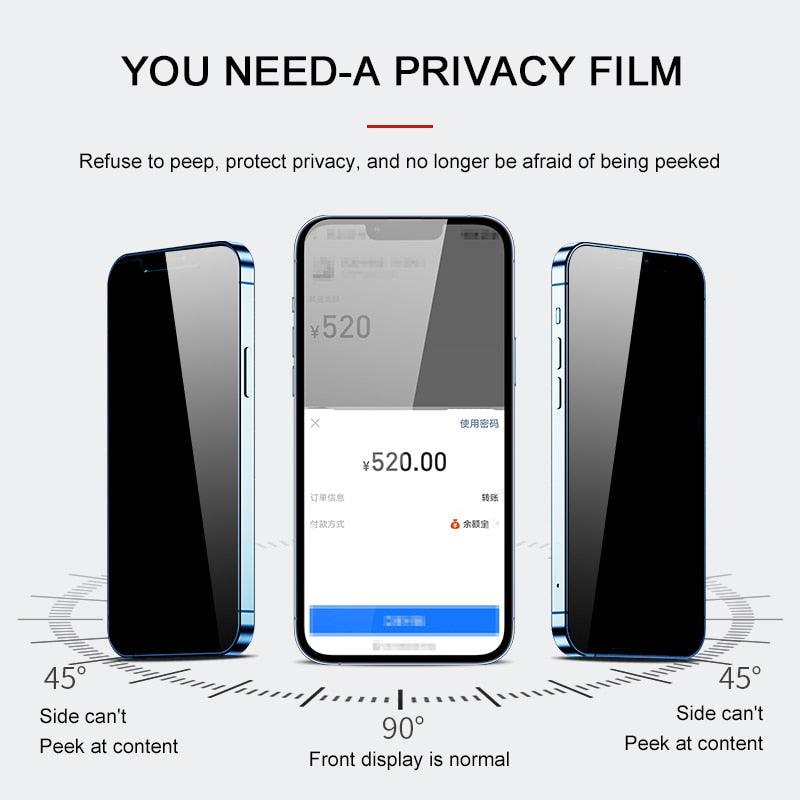 Verre de protection de confidentialité 8K pour iPhone 11 12 13 14 Pro Max XR Verre trempé anti-espion pour iPhone 14 13 12 Film de protection d'écran bord à bord Film de protection d'écran compatible avec les coques