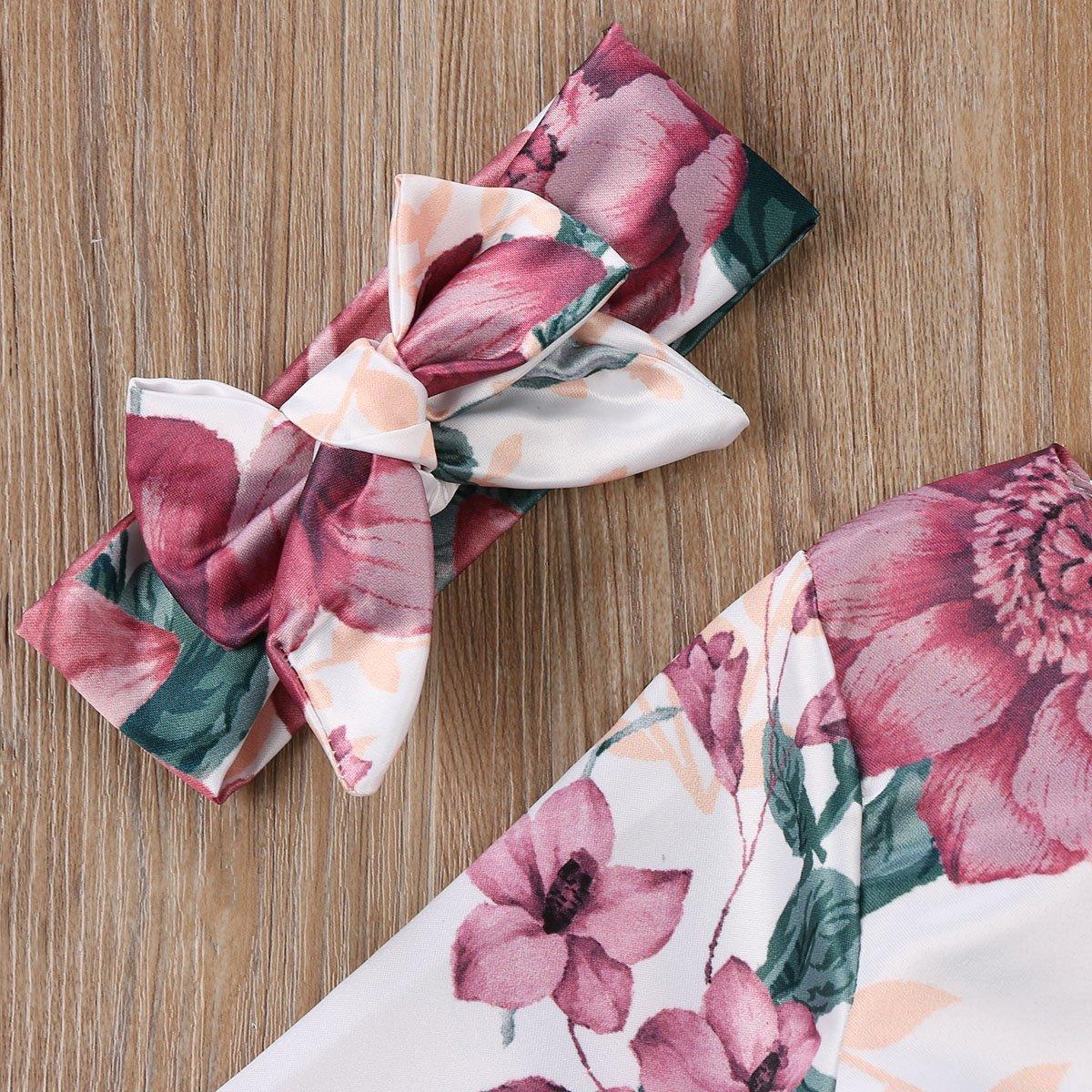Bébé Fille Nouveau-né Robe Florale Enfants avec Robe Manches Longues + Bandeau Tenues Ensemble Vêtements Robe Moderne pour Filles
