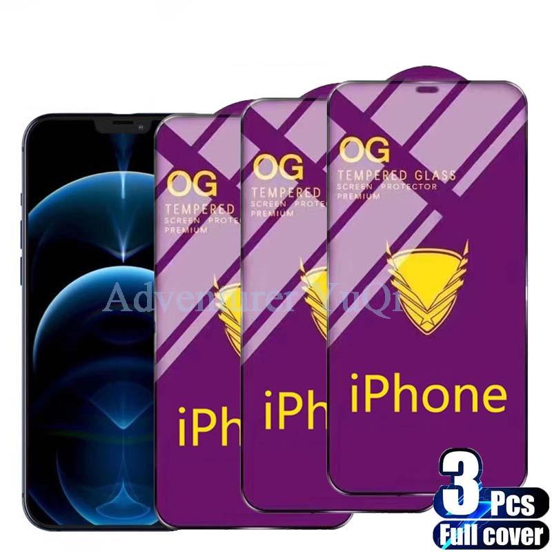 Lot de 3 protections d'écran en verre trempé OG pour iPhone 14 13 12 11 Pro XS Max X XR, avec colle intégrale, bordures incurvées, couverture complète pour iPhone 7 8, protection d'écran en verre pour iPhone