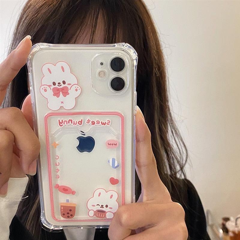 Étui de téléphone transparent en forme d'ours et de lapin orange mignon pour iPhone 14 Pro Max 13 12 11 X XR XS 7 8 Plus avec porte-cartes portefeuille et protection antichoc, étui souple pour iPhone de dessin animé