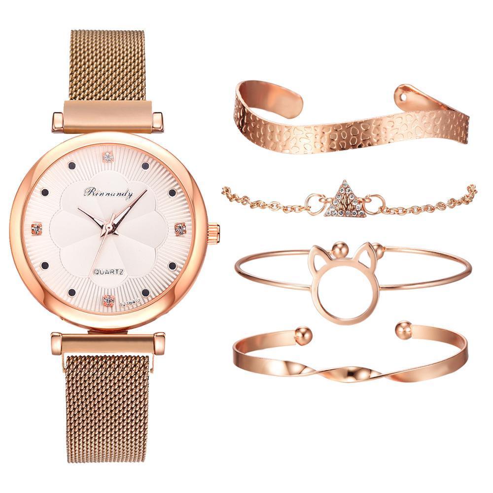 Ensemble Mode Montres Femme Luxe Boucle Magnétique Fleur Strass Montre Dames Quartz Montre-Bracelet Avec Bracelet En Ensemble Pour Femmes et Filles