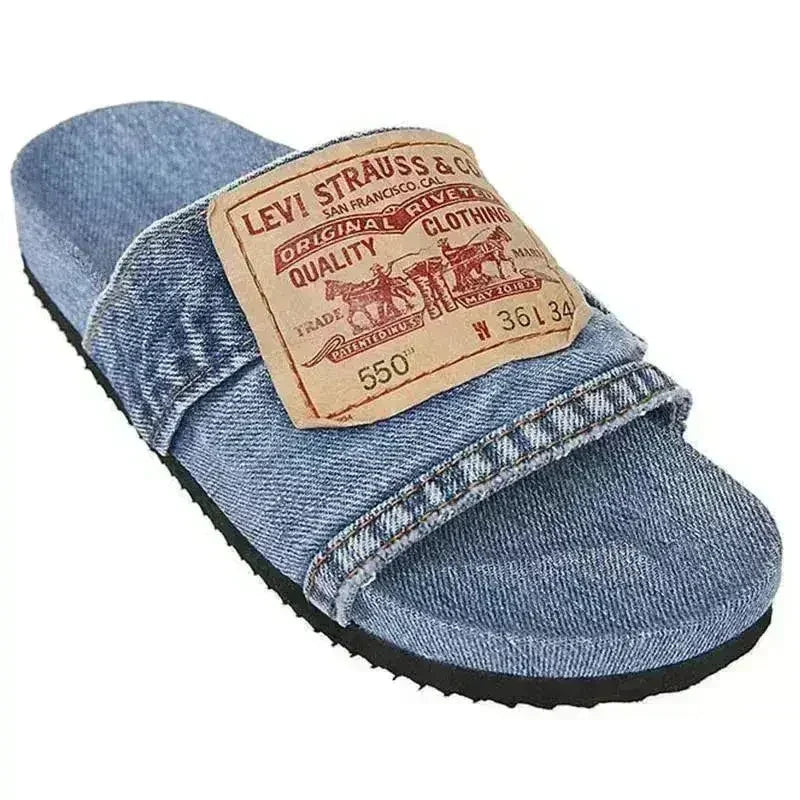 Sandales Plates Rondes en Jean pour Femme Bleu/Noir