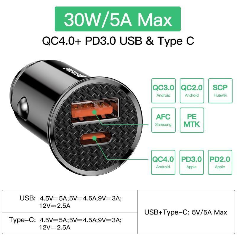 Chargeur de voiture USB Charge rapide 4.0 3.0 QC4.0 QC3.0 QC SCP 5A Type C PD Chargeurs de voiture rapides
