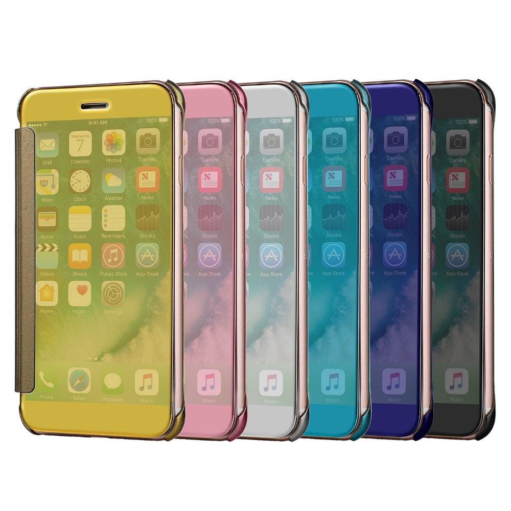 Étui à rabat de luxe pour iPhone, coque pour iPhone 11 12 13 14 avec fenêtres transparentes, miroir, fermeture magnétique simple, étui portefeuille unique et élégant pour iPhone