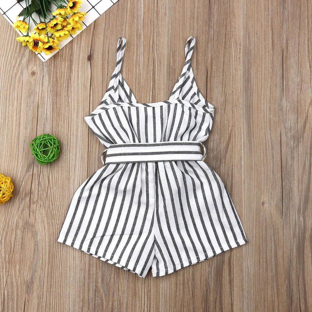 Barboteuse élégante moderne sans manches à rayures avec nœud et bretelles pour nouveau-né fille, tenue une pièce pour filles