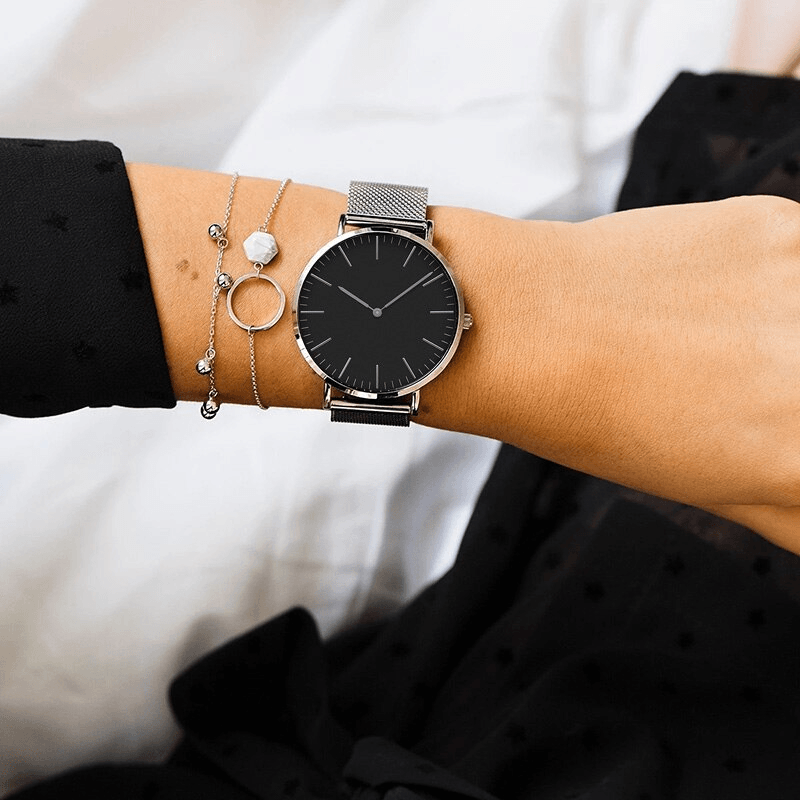 Montres unisexe mode ultra fines en acier inoxydable avec bracelet maille, montres à quartz classiques et décontractées pour femmes et hommes