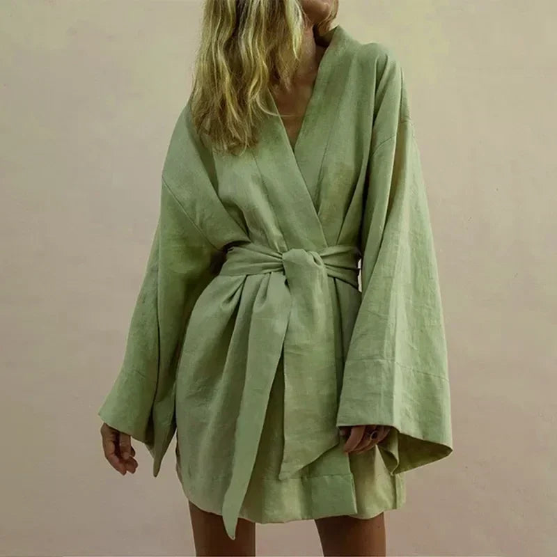 Cardigan Kimono Col V Femme, Robe Courte en Coton et Lin à Manches Longues, avec Ceinture, Style Robe de Chambre, Lacets, Été, Ample, Vestidos