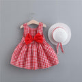Robe de soirée d'été à carreaux avec nœud pour bébé fille, ensemble de 2 pièces (robe + chapeau)