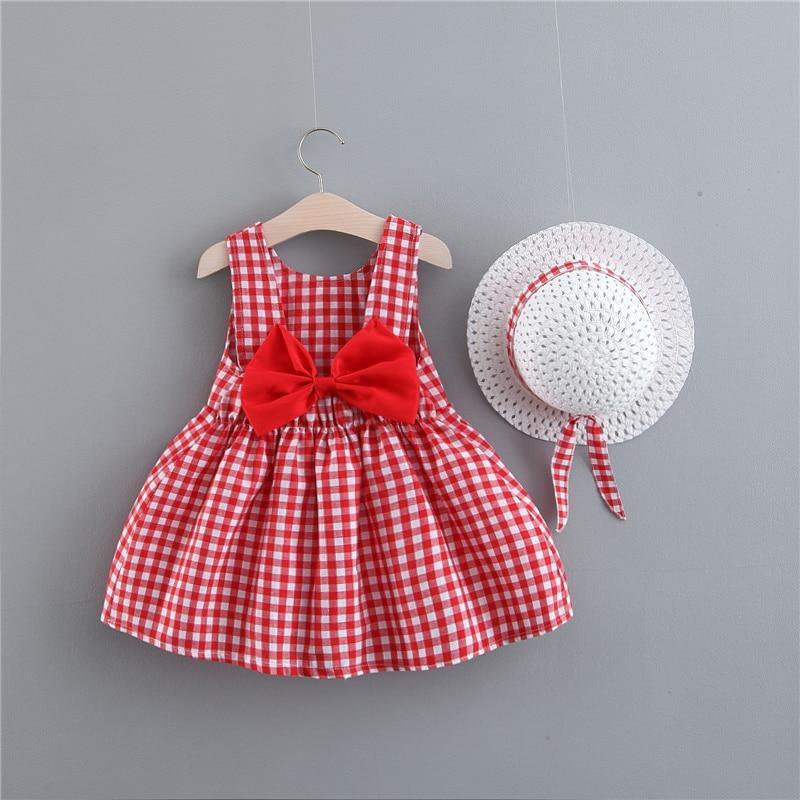Robe de soirée d'été à carreaux avec nœud pour bébé fille, ensemble de 2 pièces (robe + chapeau)