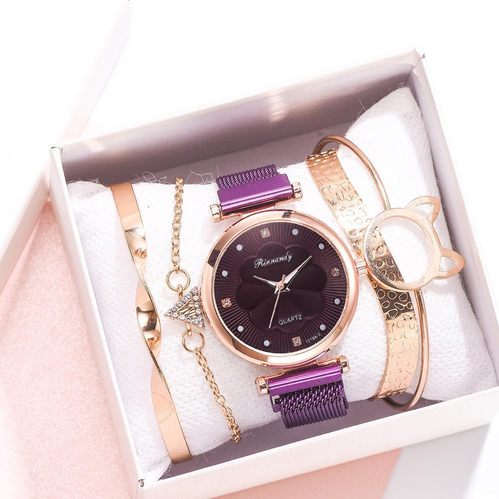 Ensemble Mode Montres Femme Luxe Boucle Magnétique Fleur Strass Montre Dames Quartz Montre-Bracelet Avec Bracelet En Ensemble Pour Femmes et Filles