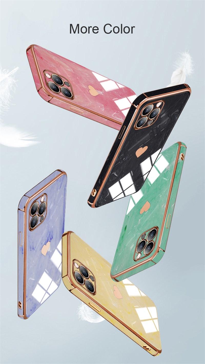 Étui Souple Antichoc de Luxe pour iPhone 13 12 11 Pro Max XS XR X R 8 7 Plus iPhone12 12Pro iPhone11 Housses Texture Marbre Étui de Téléphone de Luxe Motif Cœur Latéral Mignon Petit Étui Souple Antichoc de Protection Complète de l'Objectif pour iPhone