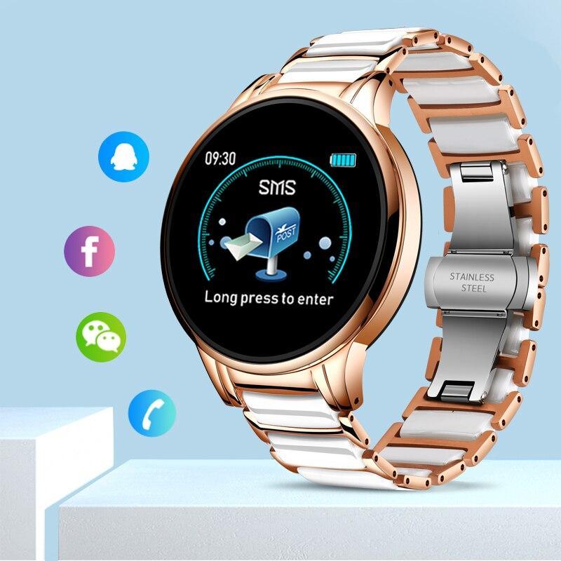 Nouvelle montre connectée de sport en céramique pour femme avec moniteur de fréquence cardiaque et de tension artérielle pour systèmes Android et iOS, bracelet en acier multifonctionnel