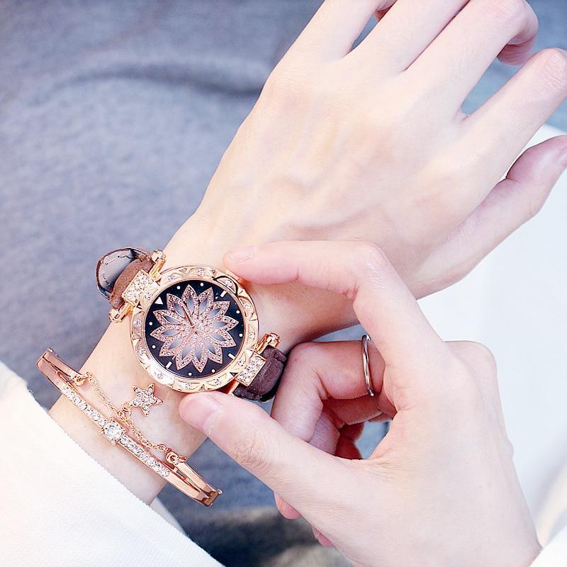 Ensemble de Montre Élégante et Populaire pour Femmes, Montre-Bracelet de Luxe Étoilée avec Bracelet en Cuir Décontracté à Quartz, Idéale pour Femmes et Filles