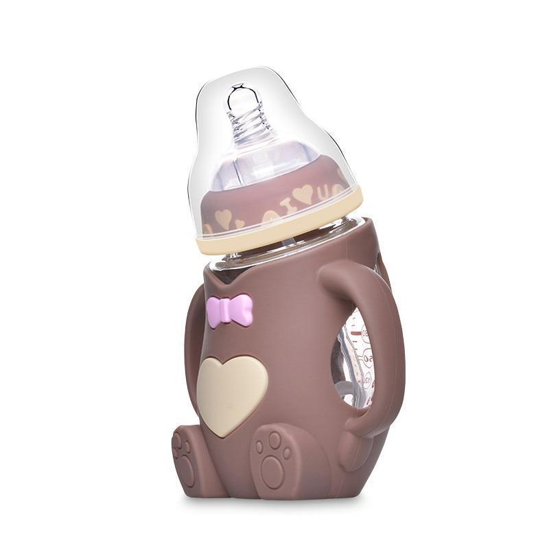 Biberon en verre mignon de dessin animé pour bébé, biberon en silicone sûr avec poignée, biberons colorés pour l'apprentissage du nouveau-né
