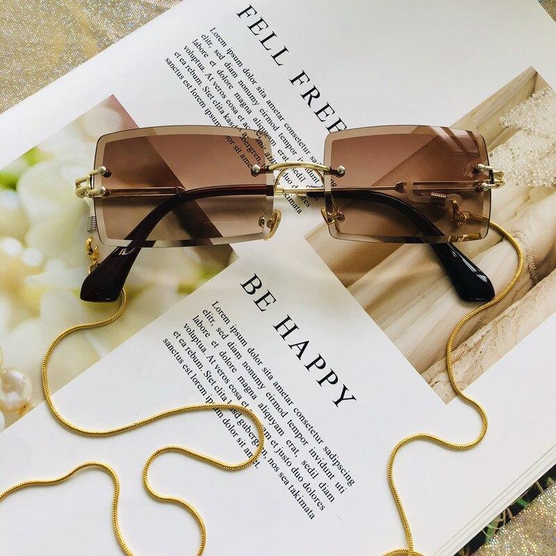 Lunettes de soleil tendance pour femmes sans monture, petits verres rectangulaires, monture en métal de haute qualité et protection UV400