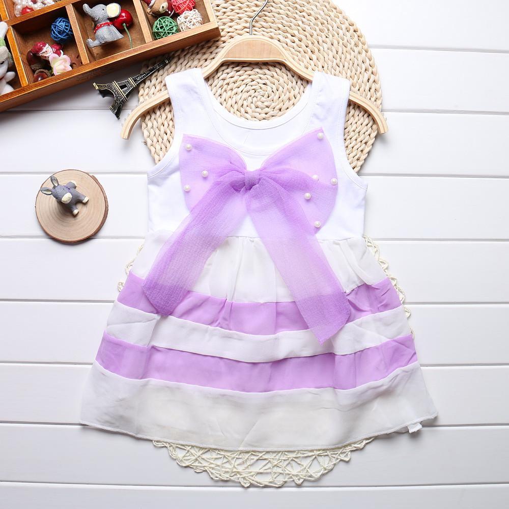 Robes sans manches en mousseline de soie à rayures violettes et col rond, de luxe, pour bébés filles, avec un grand nœud