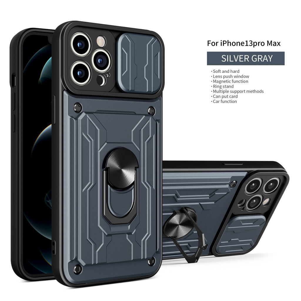 Coque de protection robuste avec porte-cartes pour iPhone 11 Pro 7 8 Plus Support de téléphone magnétique Protection d'objectif coulissant Emplacement pour cartes avec anneau rotatif Coque antichoc