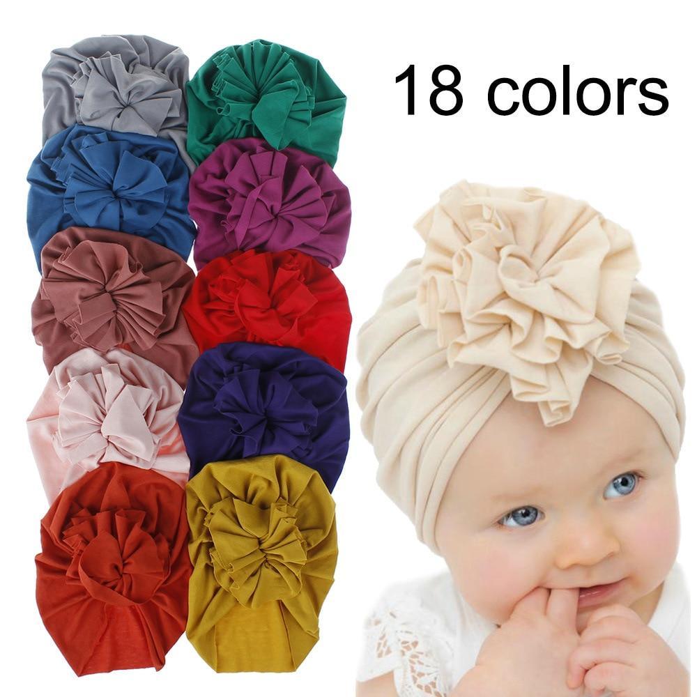Turban pour bébé fille en coton tricoté, fait main avec fleur plissée, style élégant