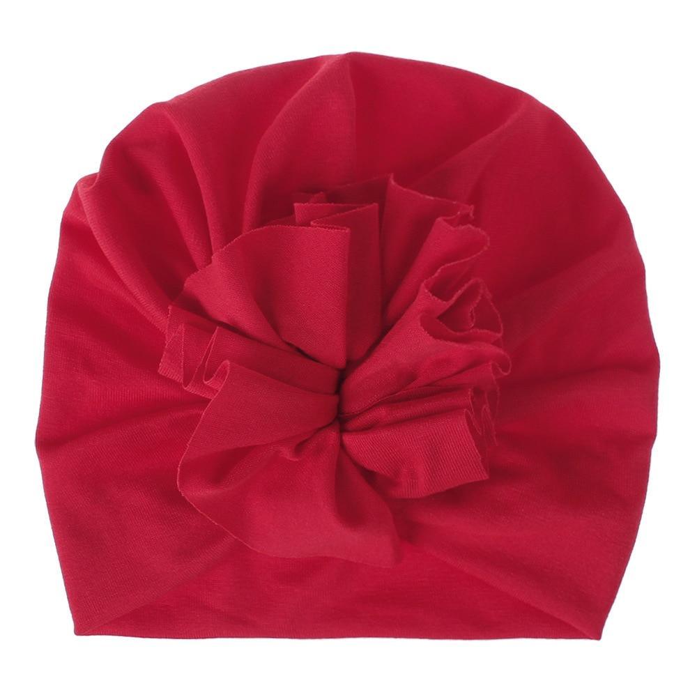 Turban pour bébé fille en coton tricoté, fait main avec fleur plissée, style élégant