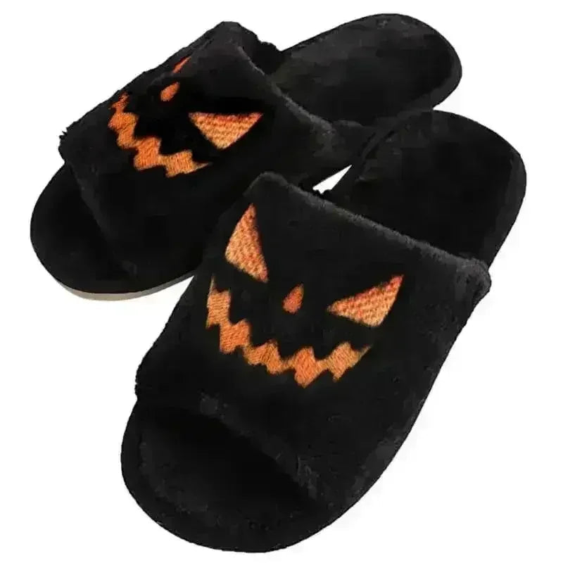 Pantoufles douces et moelleuses en forme de citrouille d'Halloween, confortables, à bout ouvert, pour femmes.