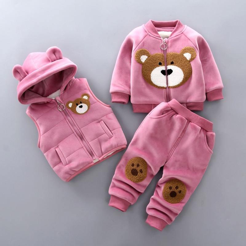 Vêtements pour bébé épais et chauds d'hiver, ensemble trois pièces avec pull à capuche imprimé ours et renard de dessin animé pour bébé fille, pull et pantalon