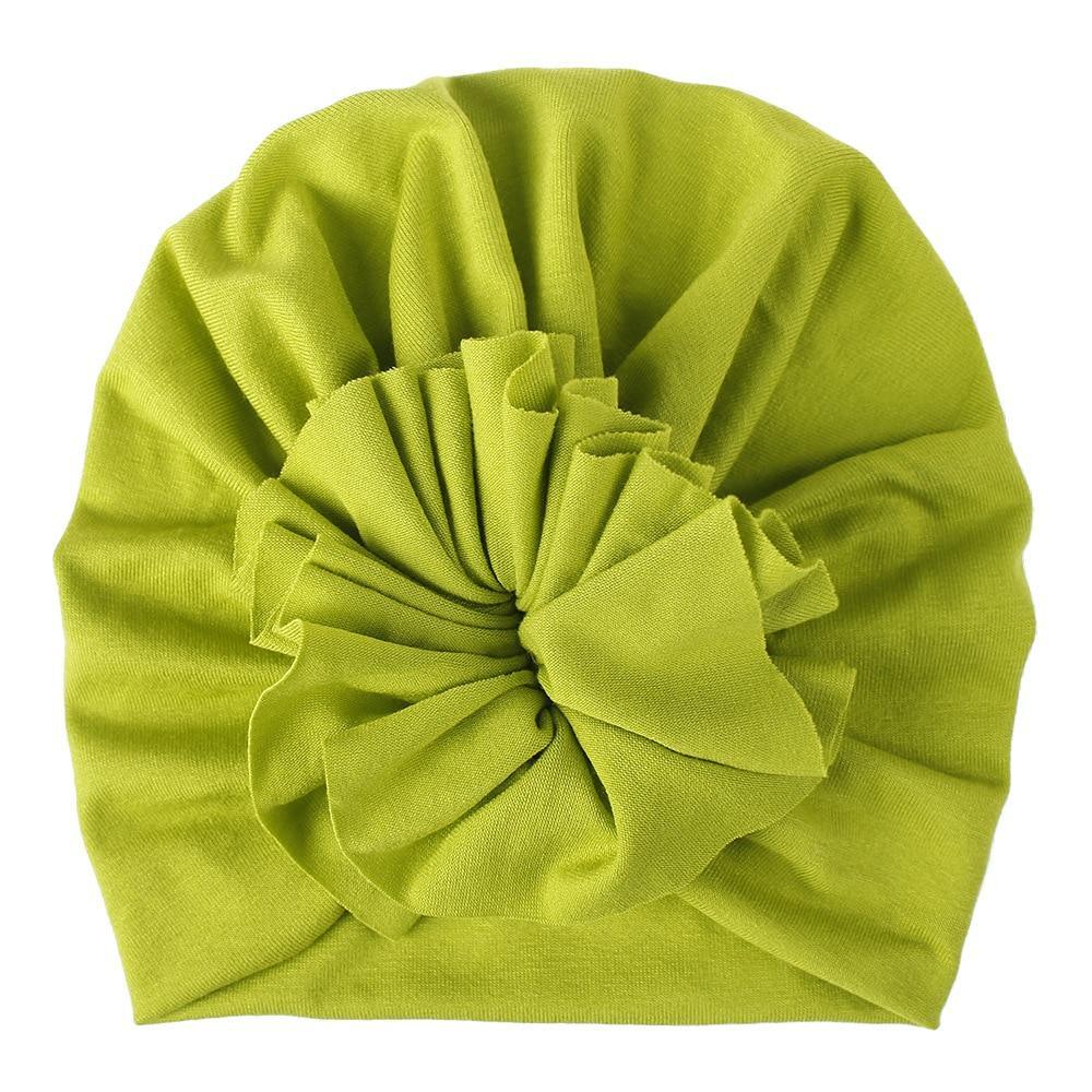 Turban pour bébé fille en coton tricoté, fait main avec fleur plissée, style élégant