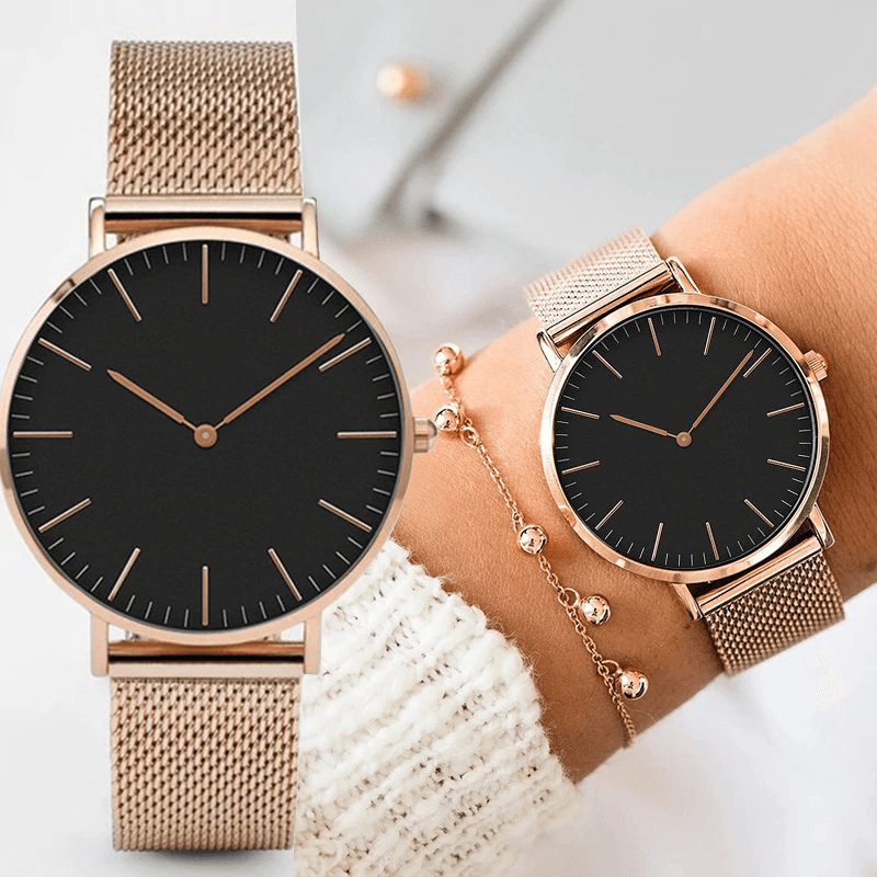 Montres unisexe mode ultra fines en acier inoxydable avec bracelet maille, montres à quartz classiques et décontractées pour femmes et hommes