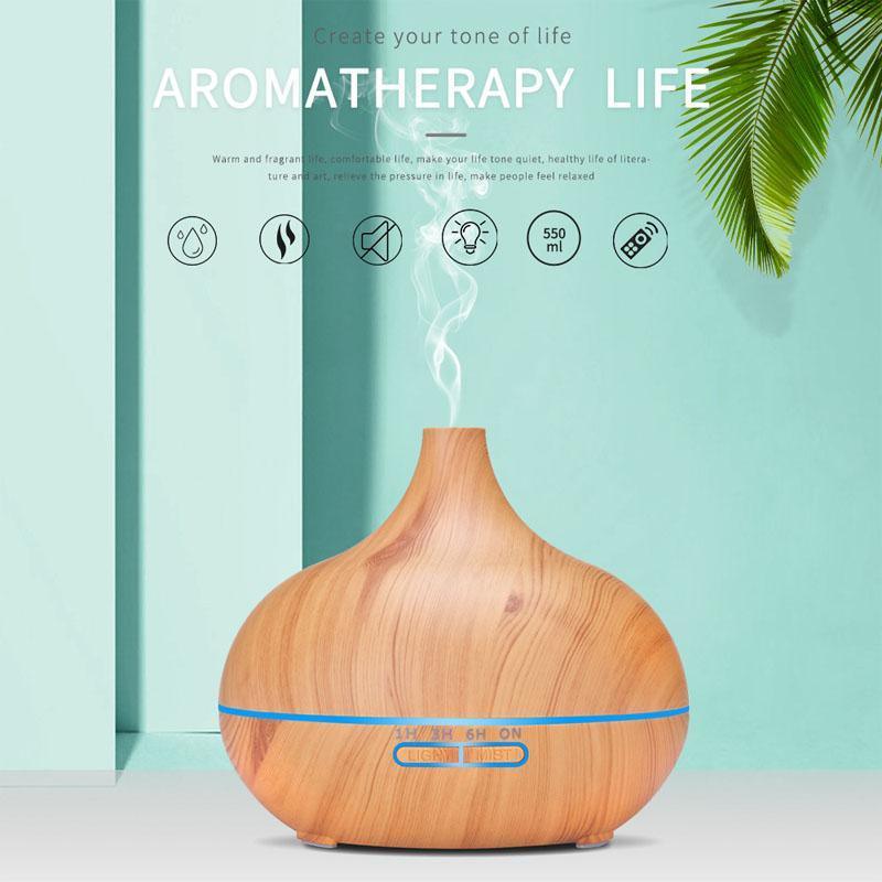 Diffuseur d'huile essentielle d'aromathérapie 550 ml grain de bois télécommande humidificateur d'air ultrasonique brume froide avec lumière LED 7 couleurs pour chambre de bébé, arrêt automatique sans eau, 7 couleurs de lumières changeantes