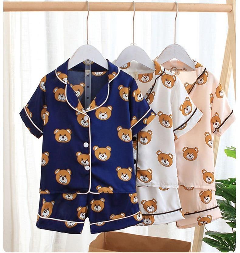 Pyjama pour enfants de luxe moderne, ensemble bébé, garçons et filles, en satin de soie glacée, haut et pantalon imprimés cartoon, tenue d'intérieur pour enfants