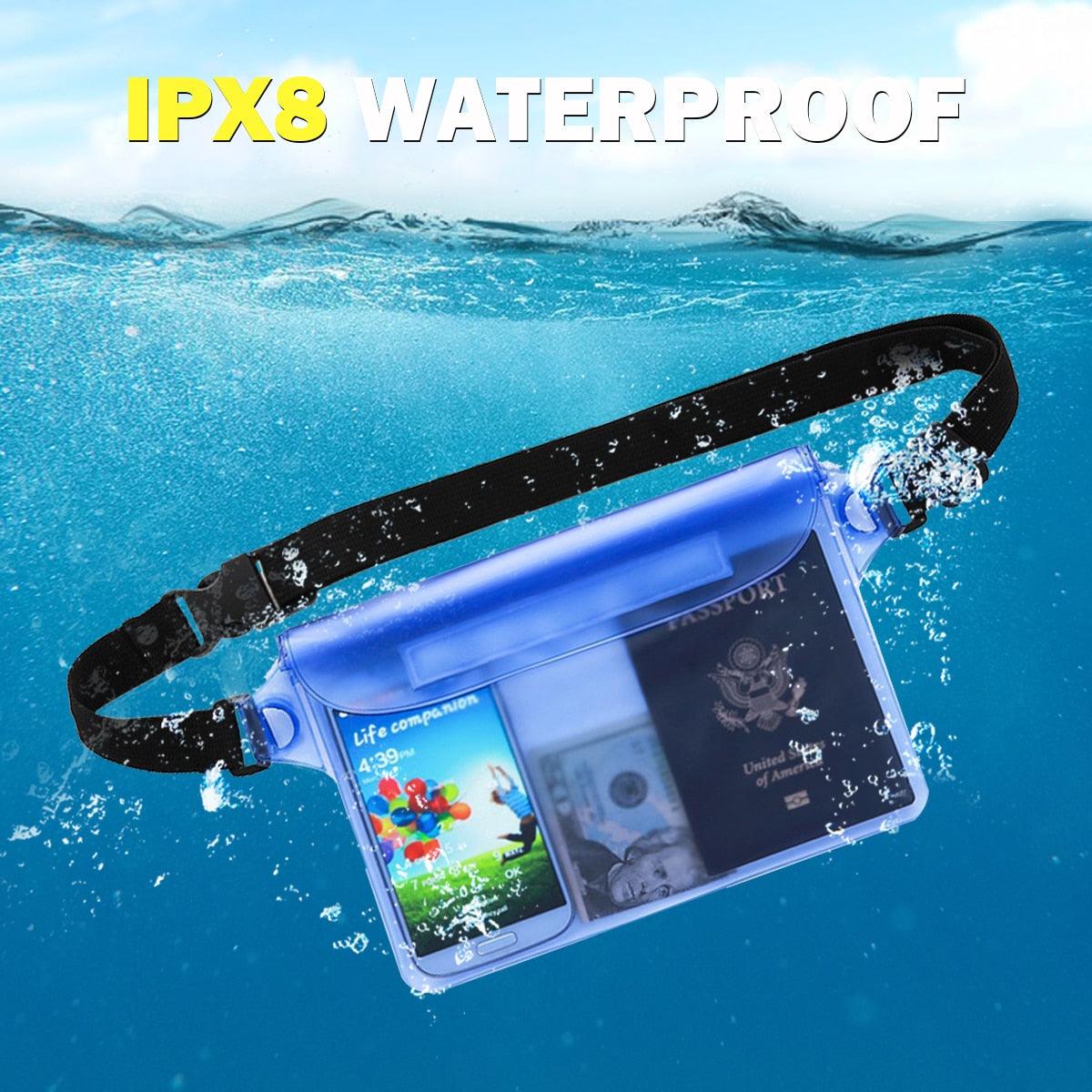 Sac de natation étanche 3 couches Sac de plage de plongée étanche à l'eau Sac de taille pour téléphone portable sous-marin Étui étanche avec ceinture réglable Étui confortable pour téléphone