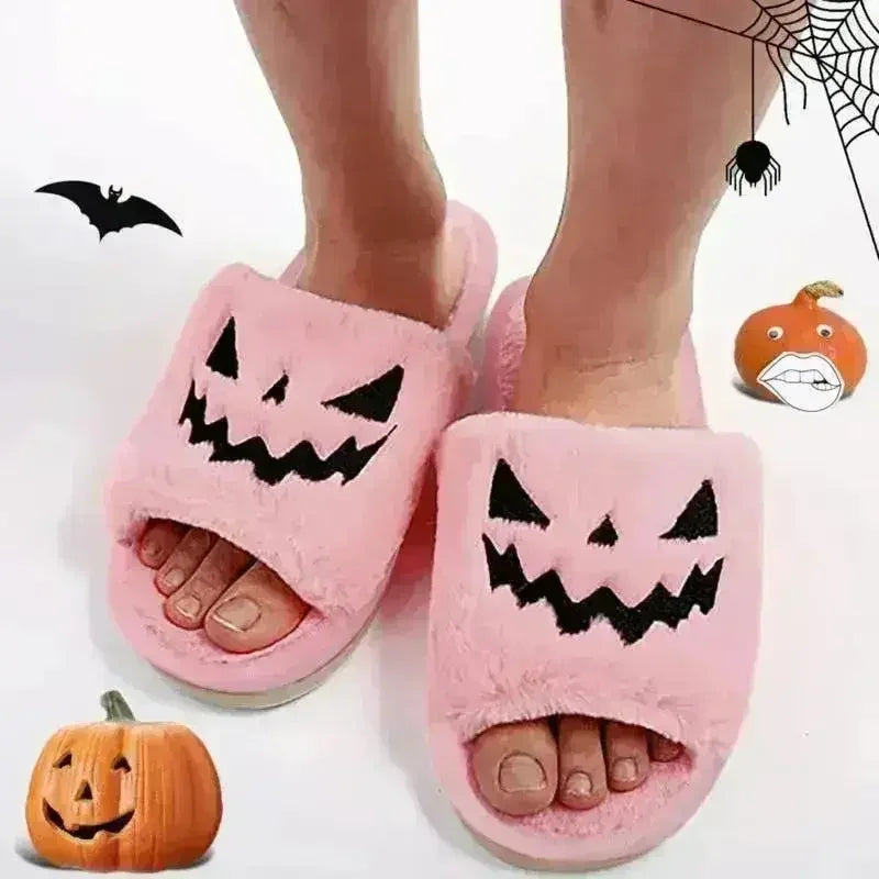 Pantoufles douces et moelleuses en forme de citrouille d'Halloween, confortables, à bout ouvert, pour femmes.