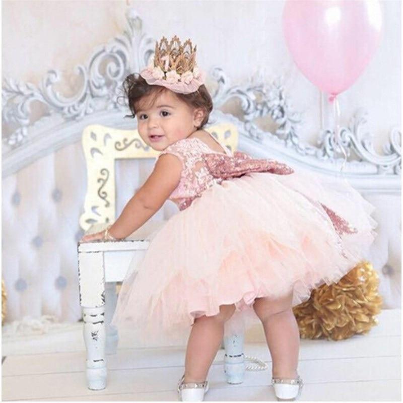 Robe de princesse rose sans dos de luxe dorée avec nœud, robe de bébé pour fête d'anniversaire, robe de nouveau-né pour filles, de 1 à 5 ans