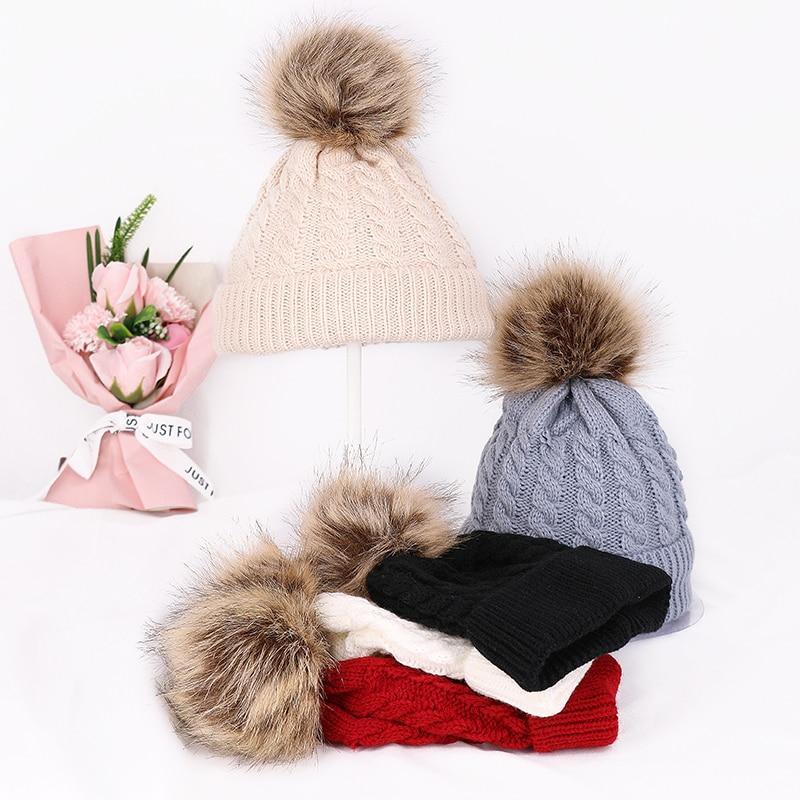 Bonnet bébé chaud hiver, avec pompon en fourrure, en tricot, pour nourrisson, tout-petit, enfant, style créateur moderne.