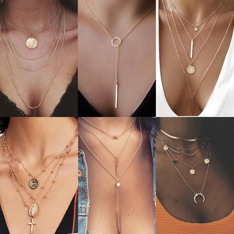 Collier ras du cou avec pendentif multicouche en cristal doré, style vintage moderne, pour femme, bijoux de luxe, cadeau parfait, style cool