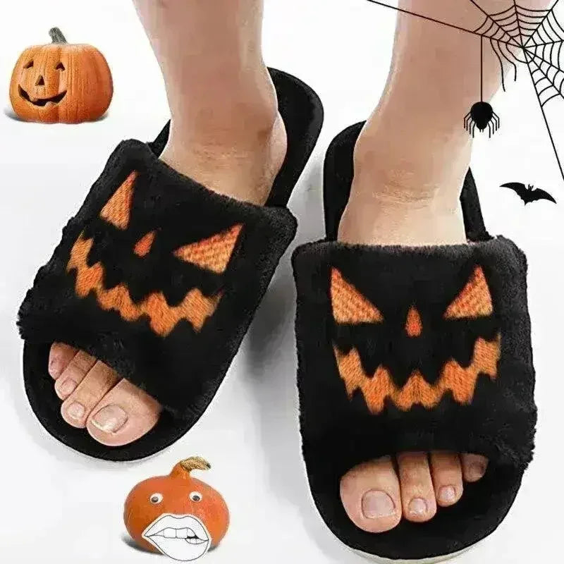 Pantoufles douces et moelleuses en forme de citrouille d'Halloween, confortables, à bout ouvert, pour femmes.