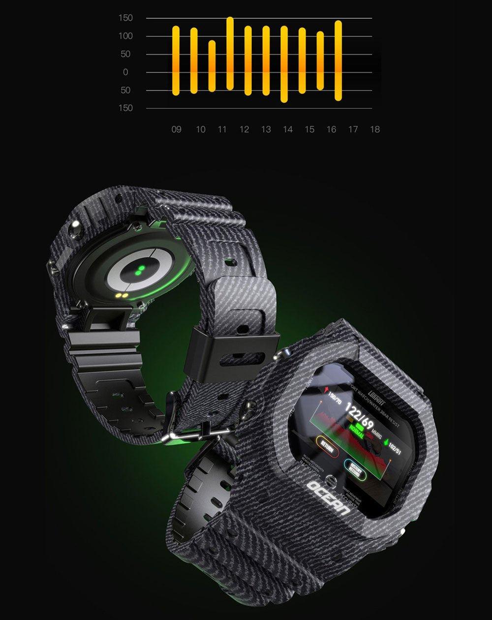 Montre connectée militaire Ocean Army pour hommes et femmes, pour le fitness et le sport, avec suivi de la pression artérielle, notifications de messages, moniteur de fréquence cardiaque et horloge, pour Android