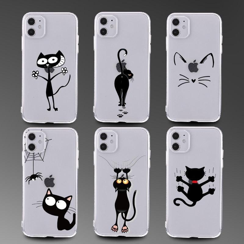 Housse de téléphone transparente motif chat noir mignon pour iPhone 14 14 Pro Max 14 Plus 13 Pro Max 13 12 11, coque de téléphone antichoc transparente avec motif chat imprimé pour filles, coque de téléphone souple et flexible en silicone transparent