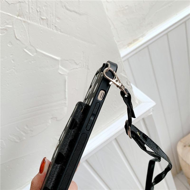 Étui de téléphone de luxe avec bandoulière et petits pois pour iPhone 14 14Pro Max 13 12 Mini 11 Pro XSXR 7 8 Plus, étui portefeuille en cuir avec porte-cartes, dragonne et pochette.