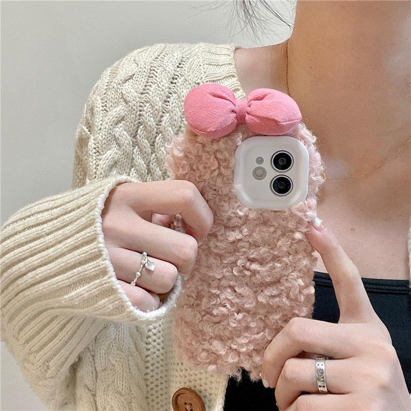 Étui Housse Douce et Chaude Pour Iphone 13 12 11 Pro Xs Max X Xr Coques Dessin Animé 3D Nœud Oreille Housse Douce et Chaude en Fourrure Pour Iphone 7plus 8plus 12pro Étui Téléphone