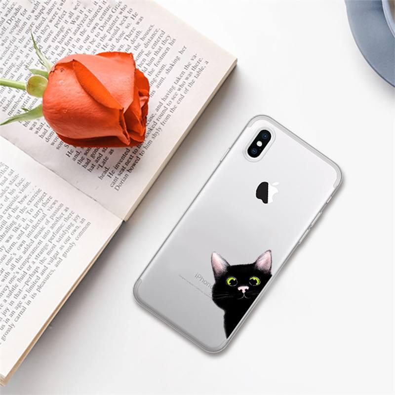 Coque de téléphone mignon chat noir pour iPhone 13 11 12 Pro XS MAX 8 7 6 6S Plus X 5S SE 2020 XR – Étui de téléphone antichoc souple, brillant et élégant avec un chat mignon