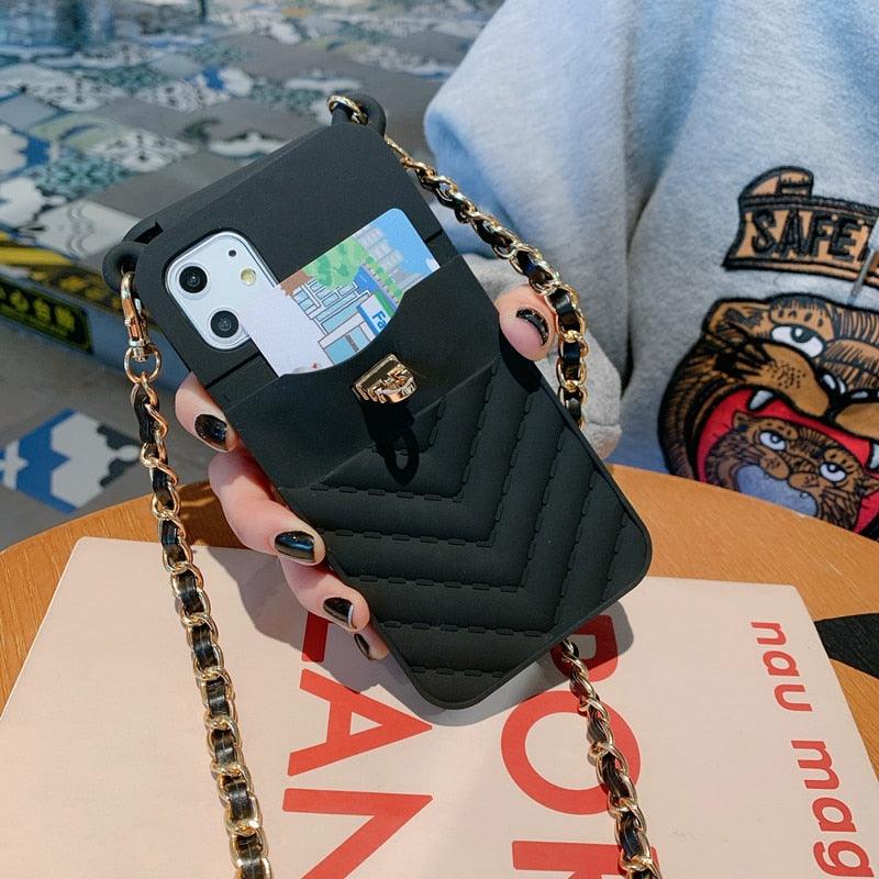 Étui de luxe portefeuille pour téléphone iPhone 14 13 12 MINI 11 Pro XR XS Max 6 7 8 Plus, coque en silicone avec pochette pour cartes, sangle et chaîne bandoulière, porte-cartes, fente, sac à main, dragonne de protection