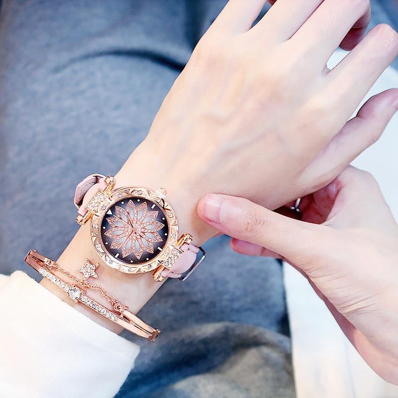 Ensemble de Montre Élégante et Populaire pour Femmes, Montre-Bracelet de Luxe Étoilée avec Bracelet en Cuir Décontracté à Quartz, Idéale pour Femmes et Filles