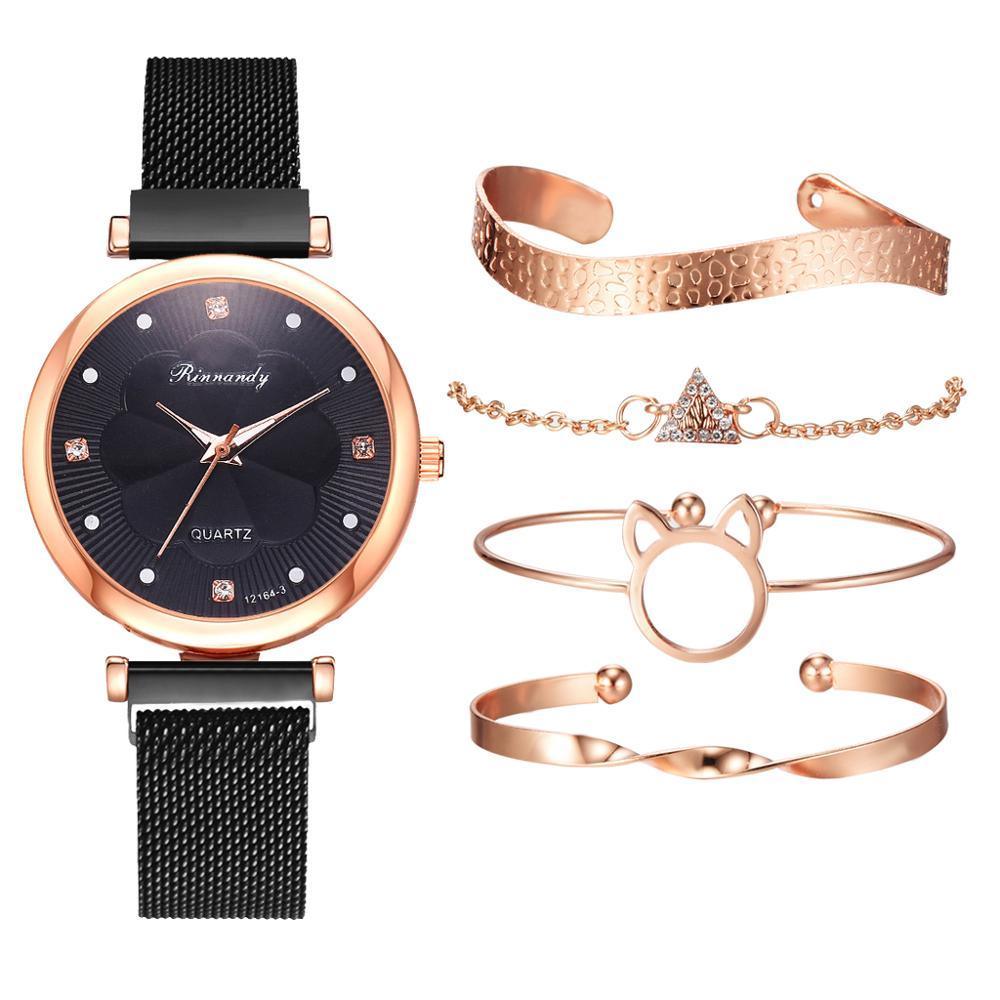 Ensemble Mode Montres Femme Luxe Boucle Magnétique Fleur Strass Montre Dames Quartz Montre-Bracelet Avec Bracelet En Ensemble Pour Femmes et Filles