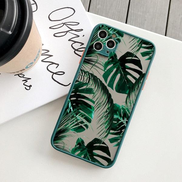 Coque de téléphone à motif floral vert pour iPhone 11, 12, 13, 14 Pro Max, coque rigide antichoc, motif tropical fin et brillant avec feuilles de palmier vertes