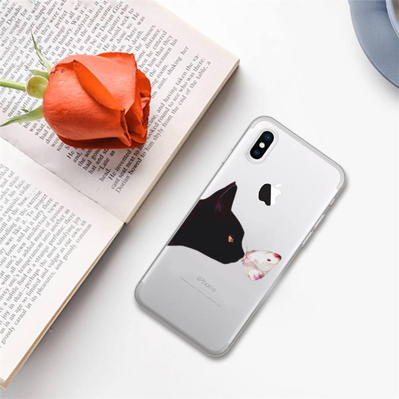 Coque de téléphone mignon chat noir pour iPhone 13 11 12 Pro XS MAX 8 7 6 6S Plus X 5S SE 2020 XR – Étui de téléphone antichoc souple, brillant et élégant avec un chat mignon