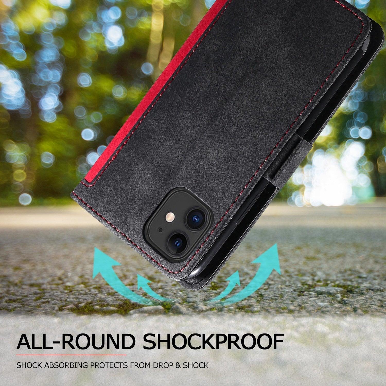 Étui portefeuille de luxe en cuir magnétique à rabat pour iPhone 14 13 12 Mini 11 Pro SE, avec porte-cartes, béquille, fentes pour cartes et argent, protection intégrale à 360°