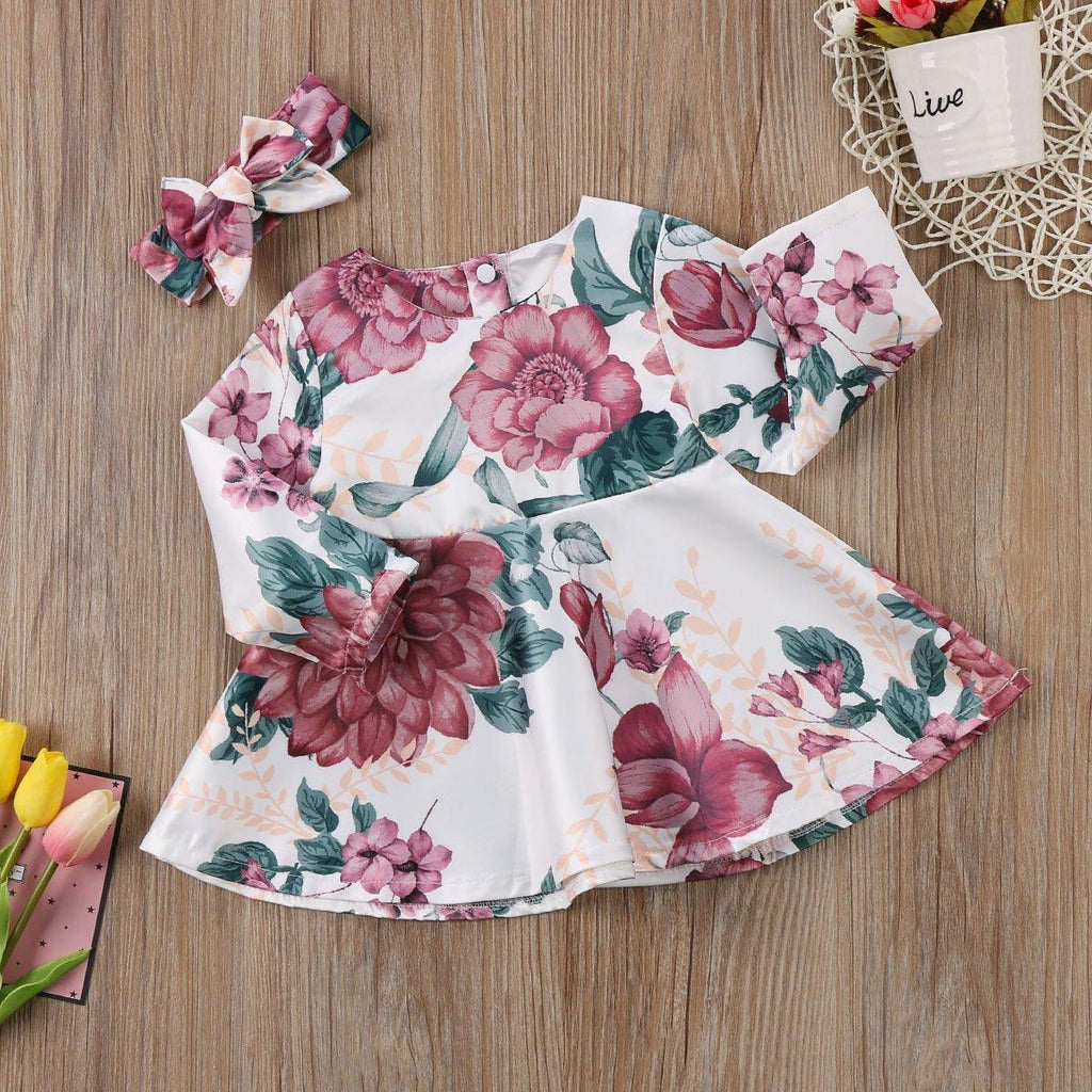 Bébé Fille Nouveau-né Robe Florale Enfants avec Robe Manches Longues + Bandeau Tenues Ensemble Vêtements Robe Moderne pour Filles